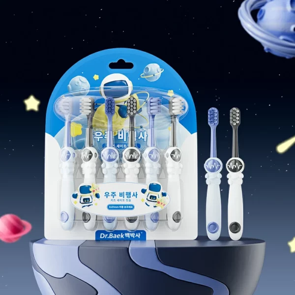 Dr.Baek KR048 Kids Toothbrush – Ultra-Soft 0.01mm Bristles, Space Astronaut Theme, 6-Pack Gift Box