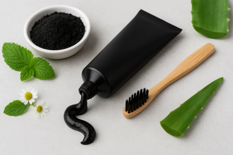 Activated charcoal toothpaste with natural extracts, bamboo toothbrush, and aloe leaf for oral care.