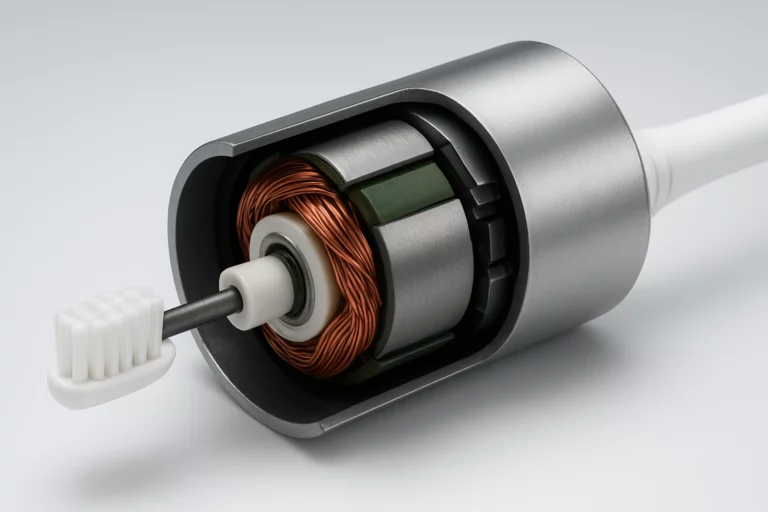Close-up of precision components inside an electric toothbrush motor.