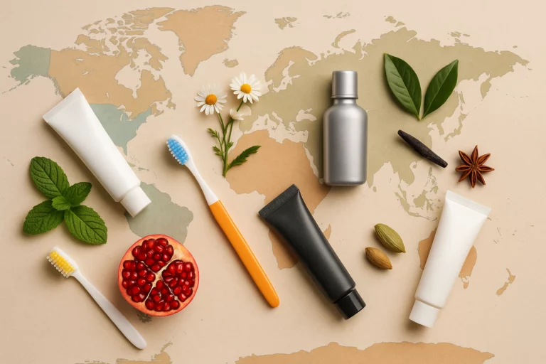 Oral care products with natural ingredients displayed on a world map representing regional consumer preferences